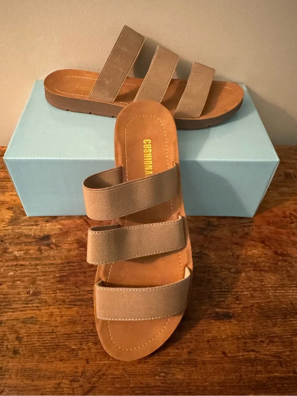CushionaireTriple Strap Slide Sandals in Taupe, size 9